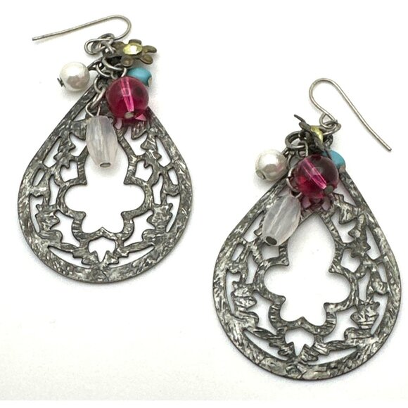 Boho Chic Filigree Dangle Earrings Open Work Lightweight Metal Colorful Beads - Picture 1 of 4
